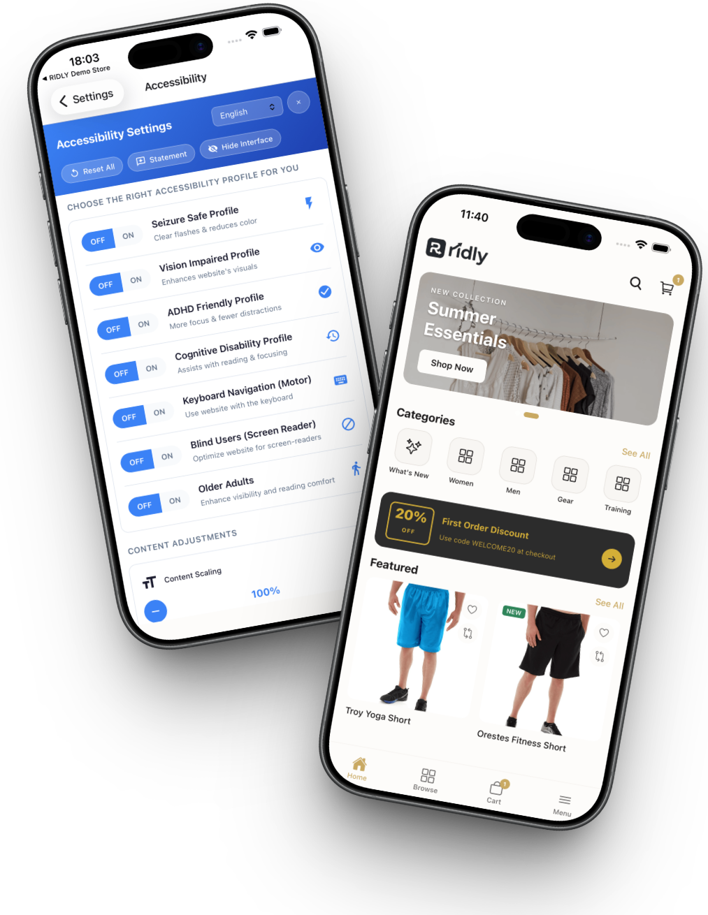 RIDLY Mobile SDK - React Native e-commerce app preview showing product catalog, cart, and checkout screens on iPhone mockup